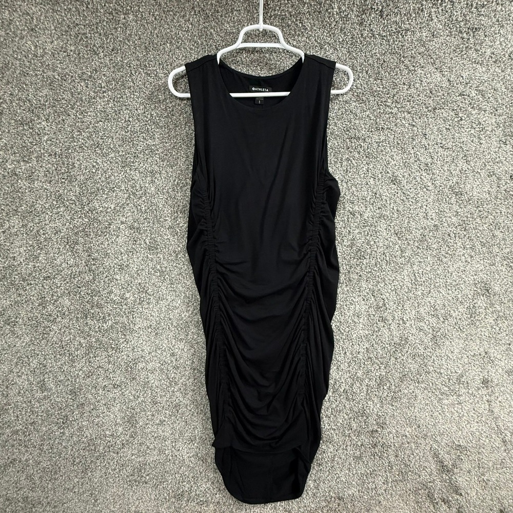 Athleta Stella Dress Black Ruched Sleeveless Midi Modal Blend Size Large